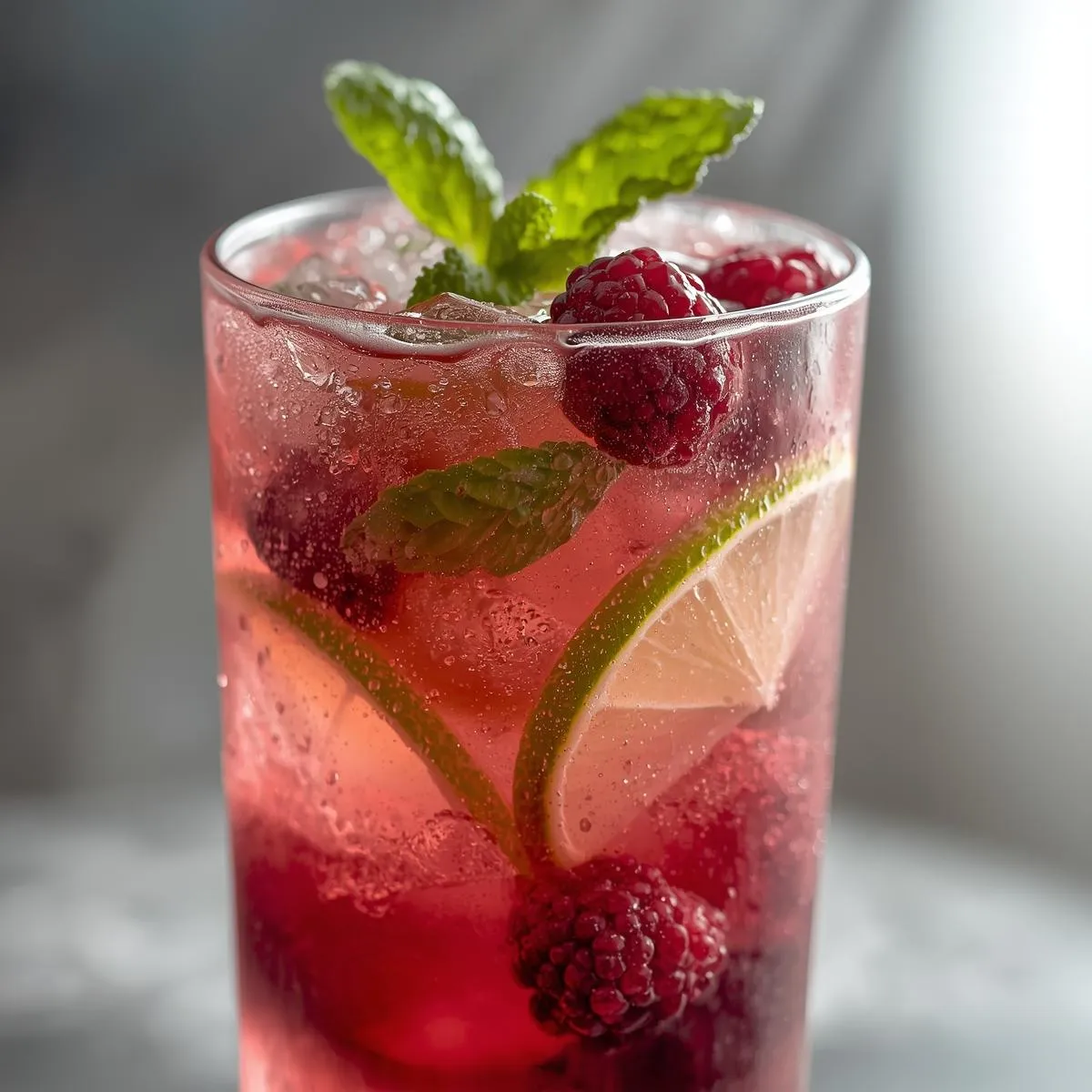 A close-up of a Sparkling Berry Mojito with muddled berries, lime, and mint in a tall glass