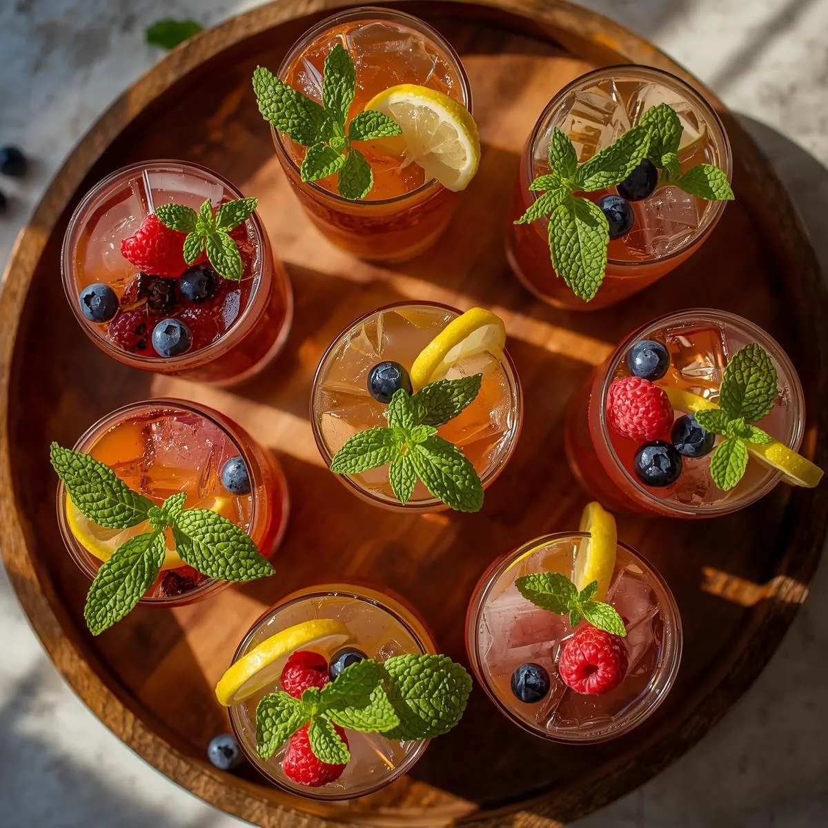 non-alcoholic drinks garnished with herbs, citrus slices, and berries