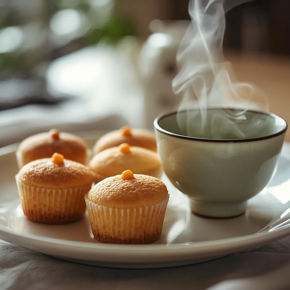 A plate of fluffy Japanese cotton cheesecake cupcakes served with tea