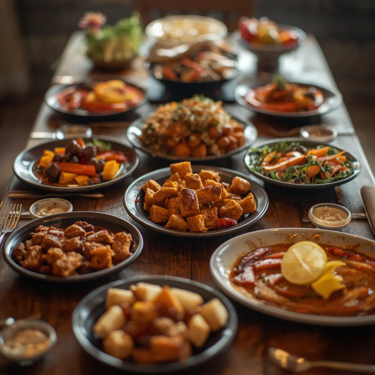 A cozy dinner table with simple, colorful dishes served family-style
