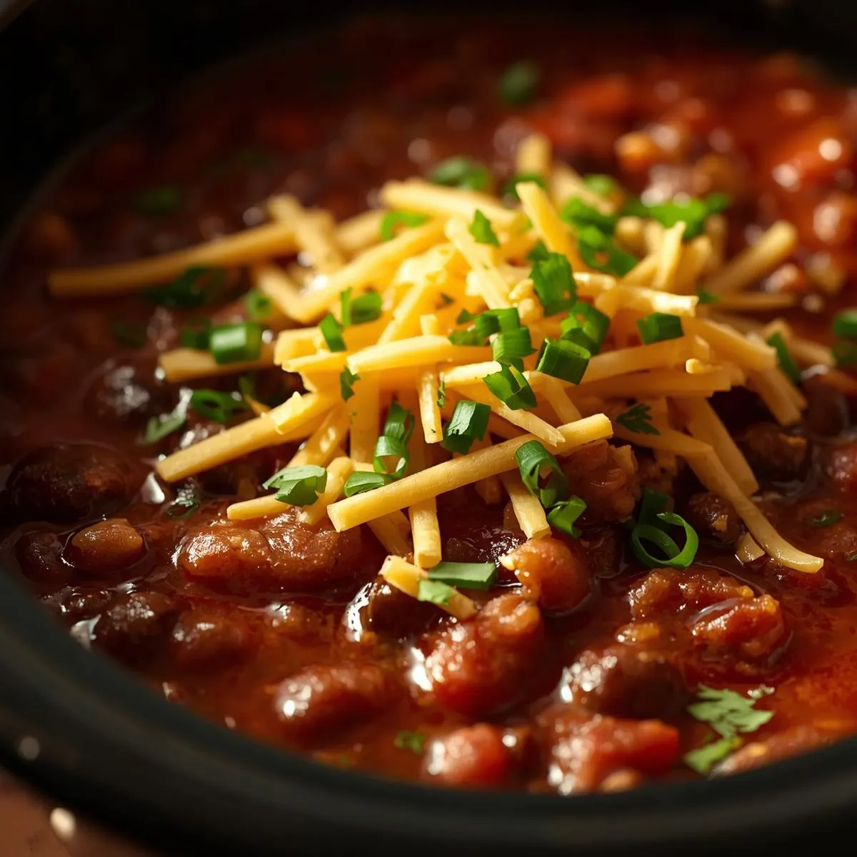 A warm bowl of crockpot chili topped with shredded cheese and fresh herbs