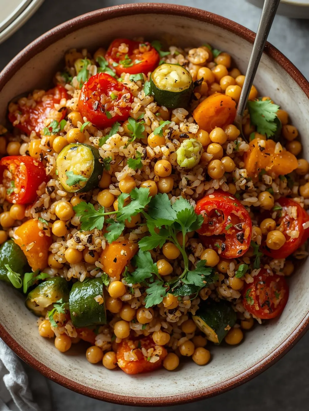 A vibrant bowl of whole grains, chickpeas, and roasted vegetables garnished with fresh herbs