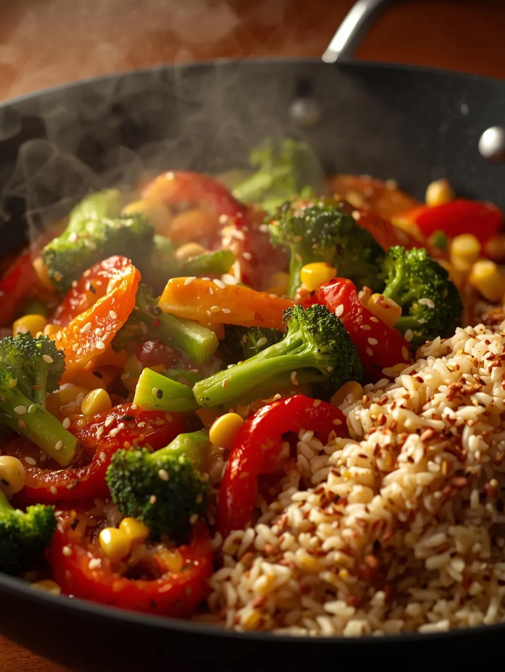 A colorful wok of stir-fried vegetables with brown rice sprinkled with sesame seeds