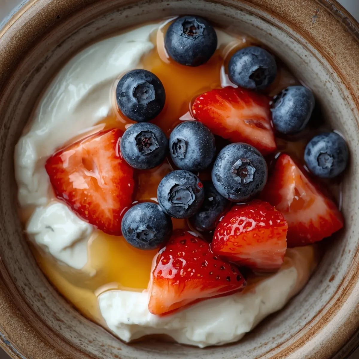 A bowl of Greek yogurt with blueberries, strawberries, and a drizzle of honey