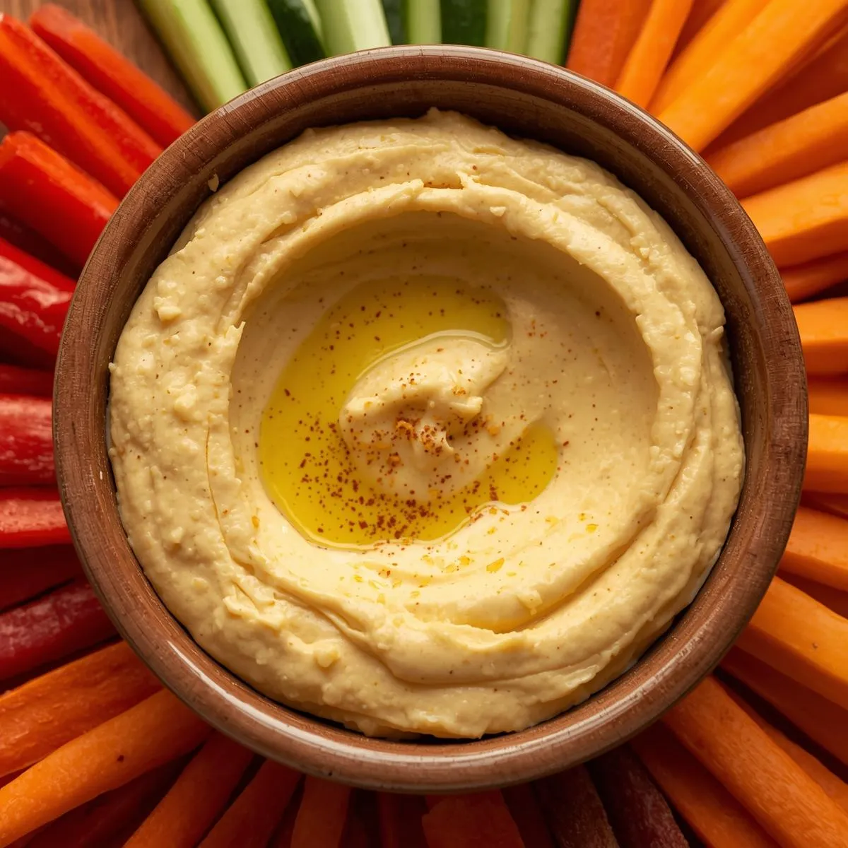 A bowl of hummus surrounded by colorful vegetable sticks