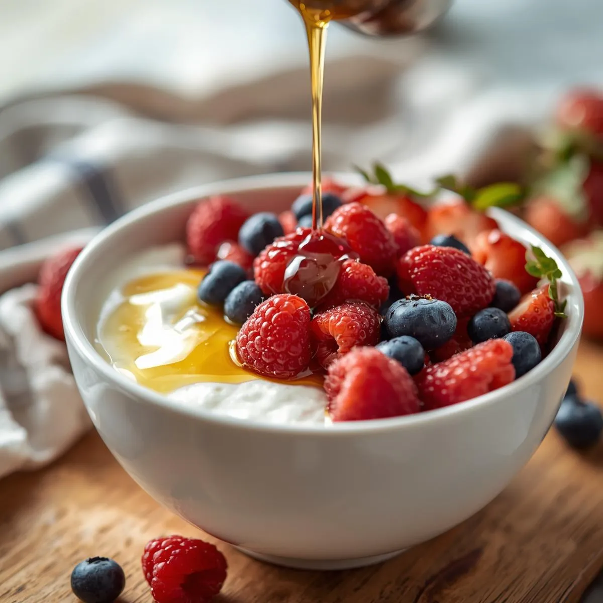 A bowl of Greek yogurt topped with fresh berries and a drizzle of honey