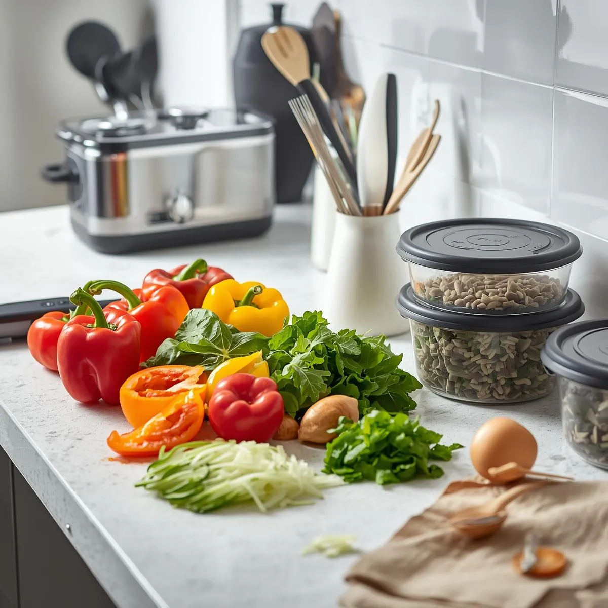 A modern kitchen countertop with prepped vegetables, meal containers, and quick cooking tools ready to use