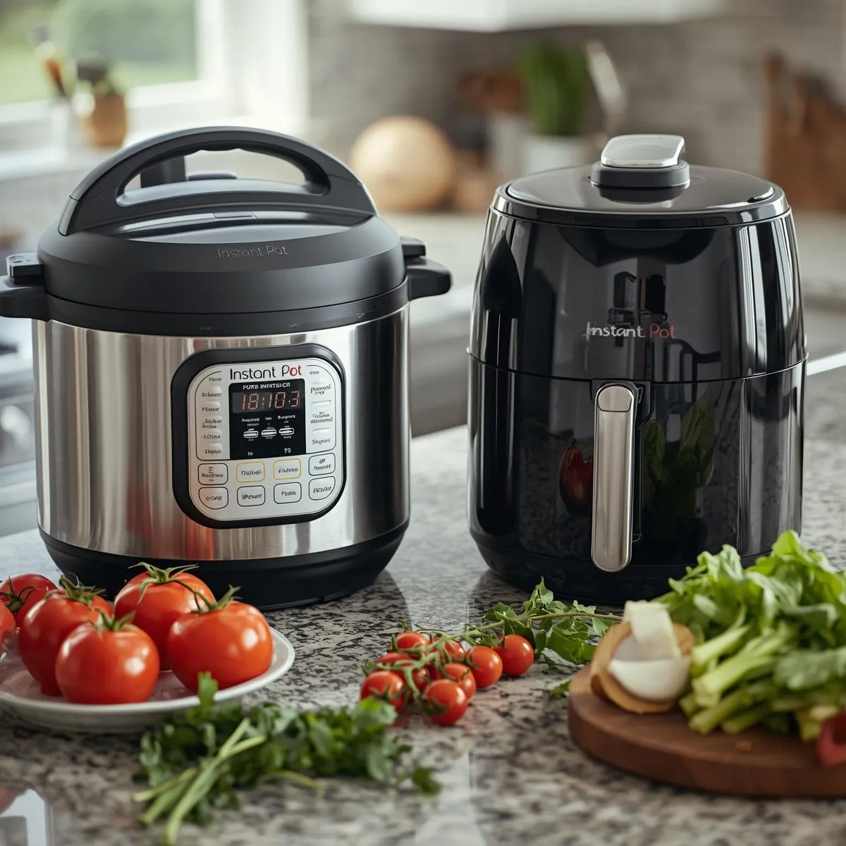 An Instant Pot and air fryer on a kitchen counter surrounded by fresh ingredients
