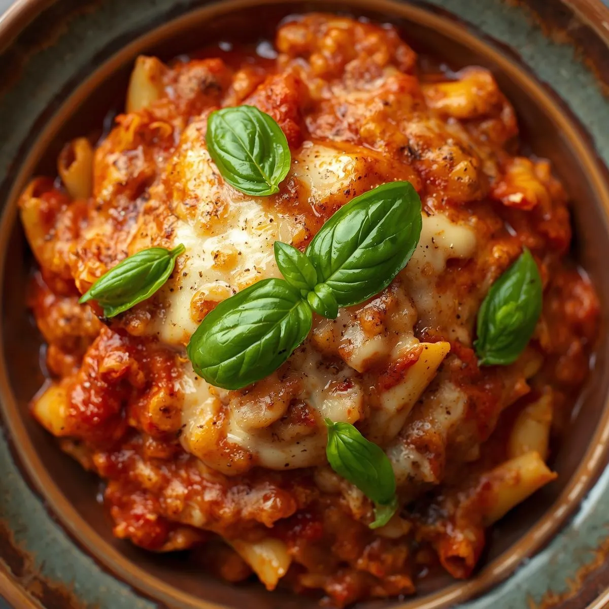 Baked ziti with golden cheese and fresh basil on top