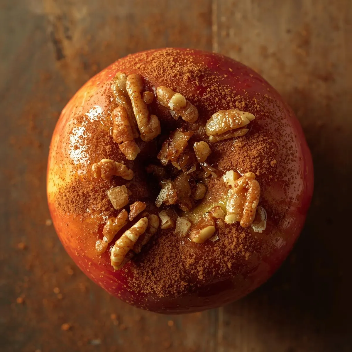 Baked apple topped with a sprinkle of cinnamon and chopped nuts