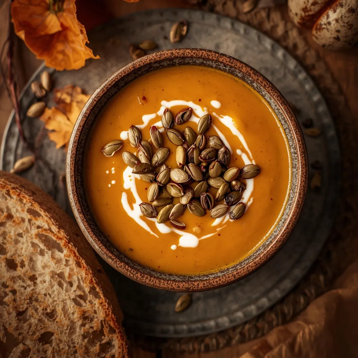 Bowl of creamy pumpkin soup with roasted pumpkin seeds, served with crusty bread and a cozy autumn backdrop