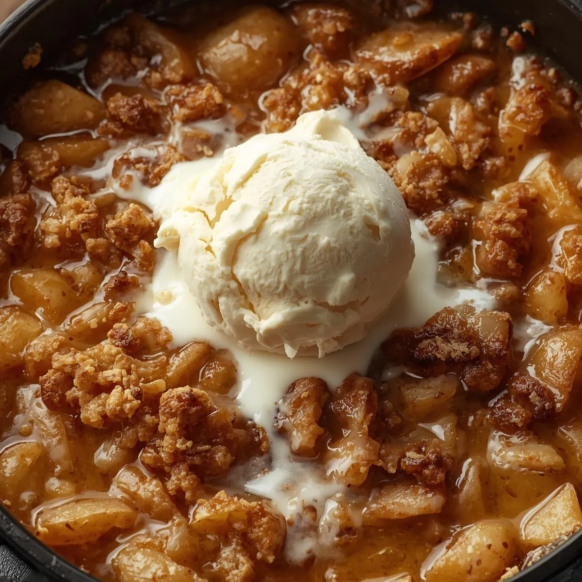 Cast-iron skillet of apple crisp fresh from the oven with vanilla ice cream melting on top