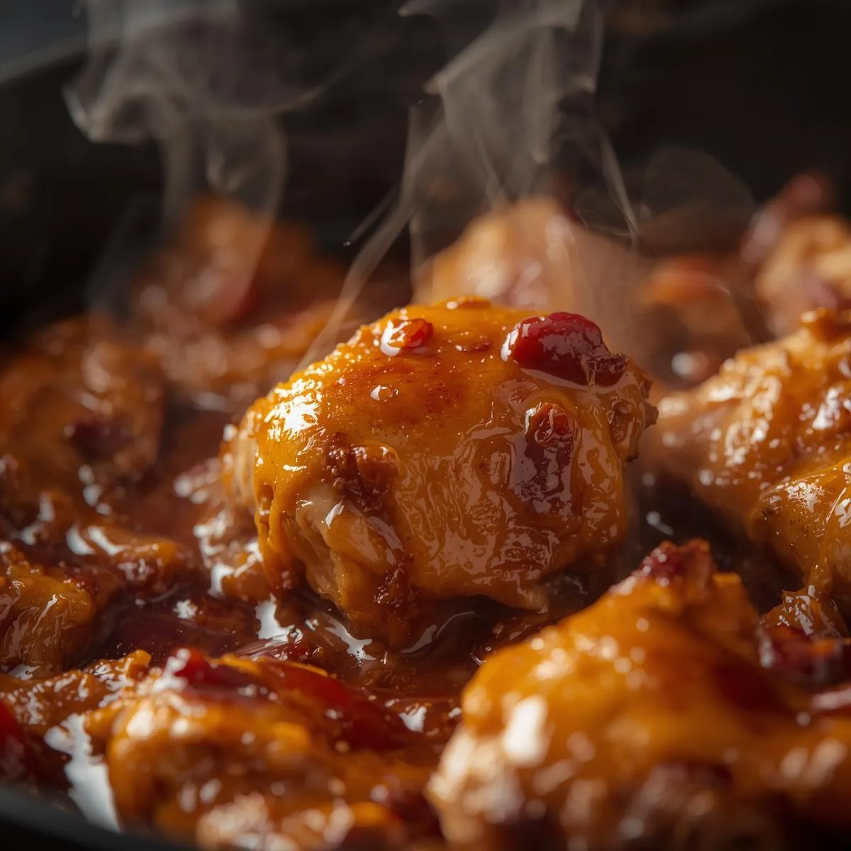 Chicken being tossed in glossy sauce with steam rising