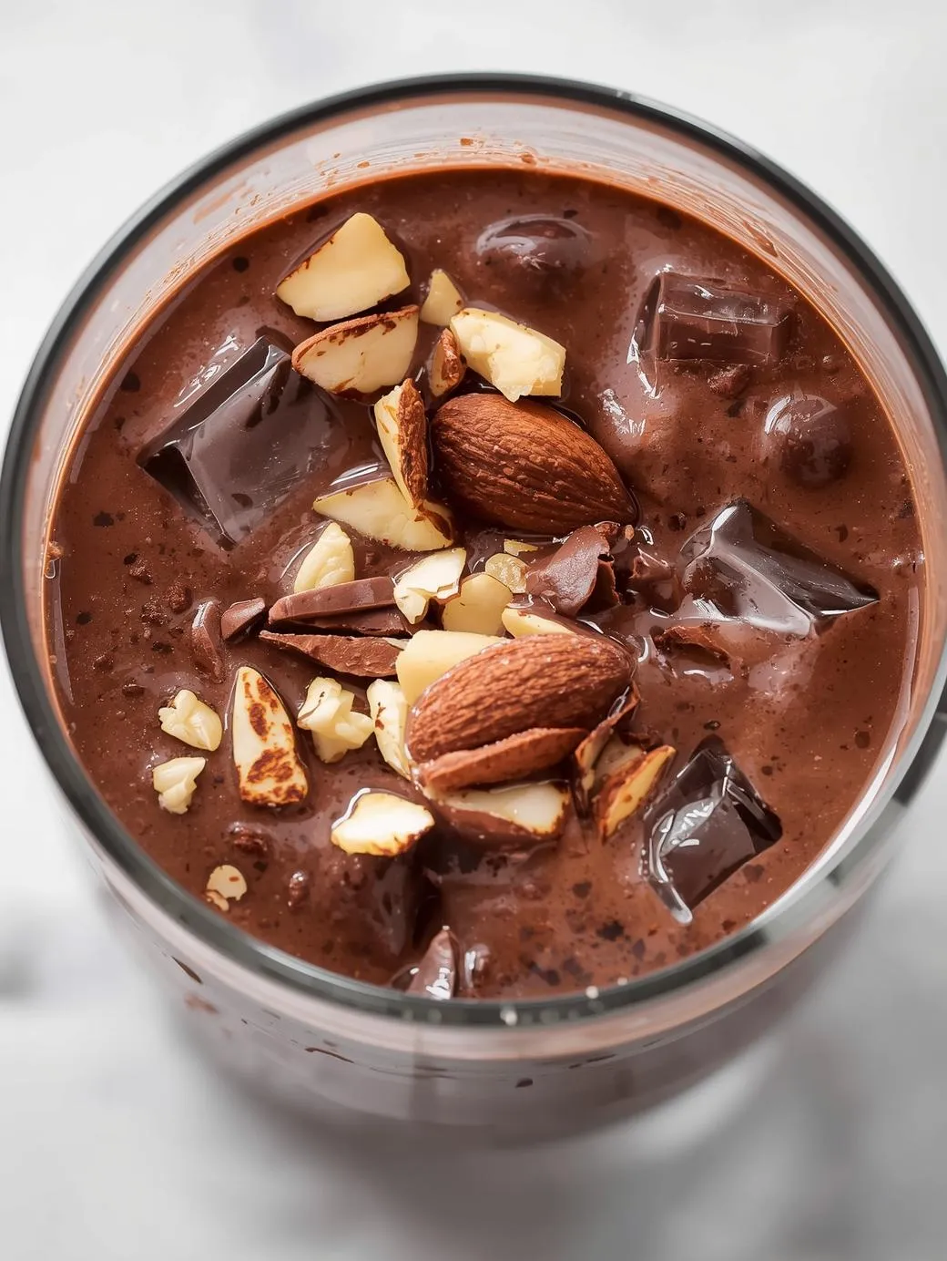 Chocolate protein shake with almond slices and ice cubes in a glass