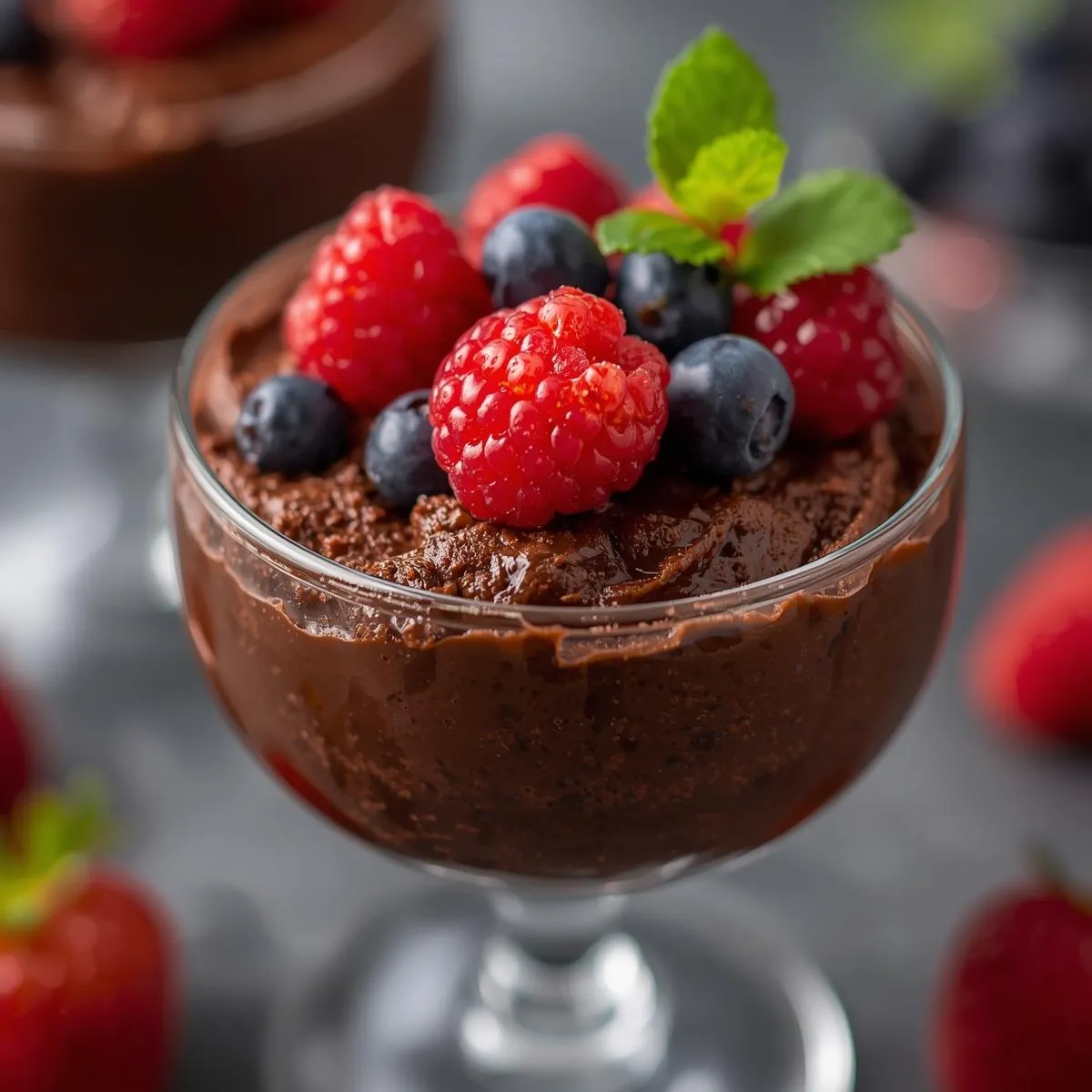 Chocolate avocado mousse in a small glass topped with berries