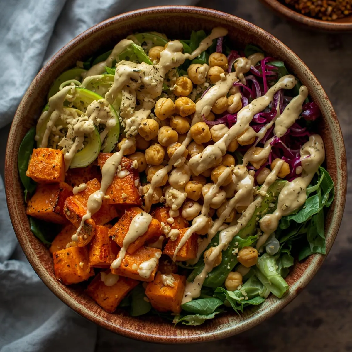 Colorful Buddha bowl with roasted sweet potatoes, chickpeas, greens, and tahini drizzle