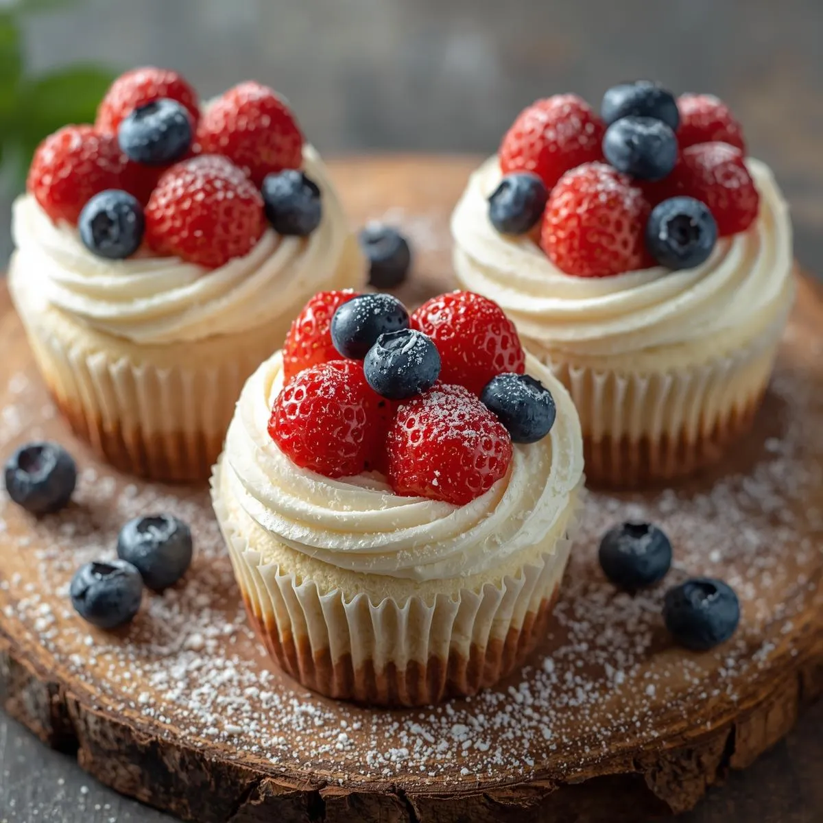 Cotton cheesecake cupcakes topped with fresh berries and powdered sugar