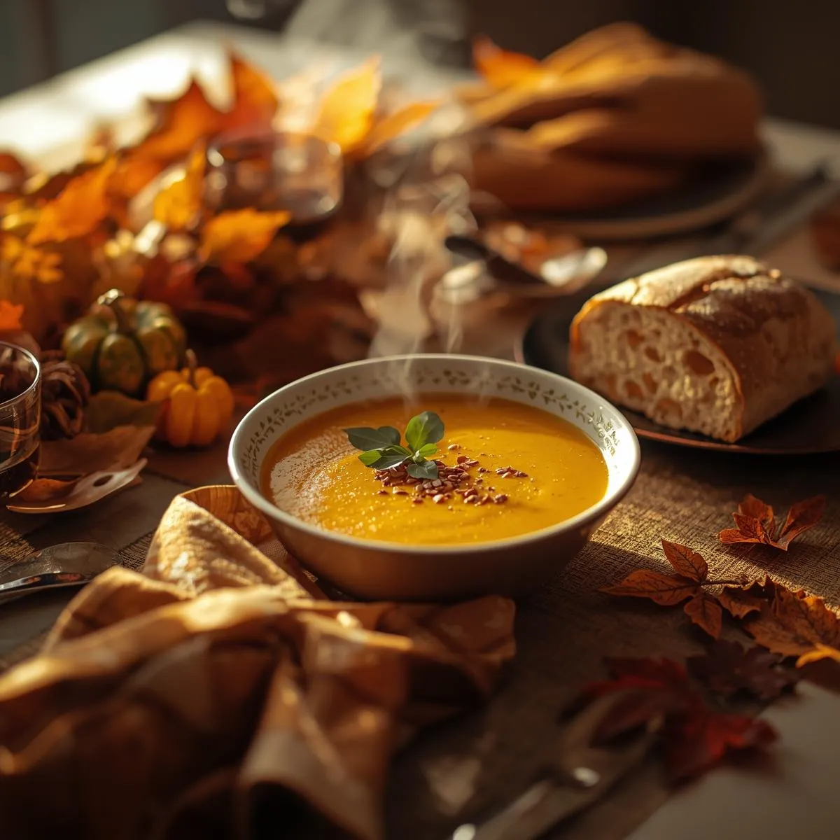 Cozy autumn table setting with creamy pumpkin soup, fresh bread, and seasonal decorations
