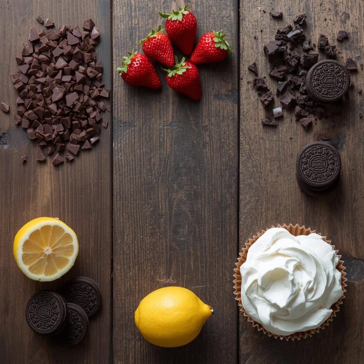 Flat lay of ingredients like chocolate, strawberries, lemon, cream, and Oreos arranged on a rustic wooden table