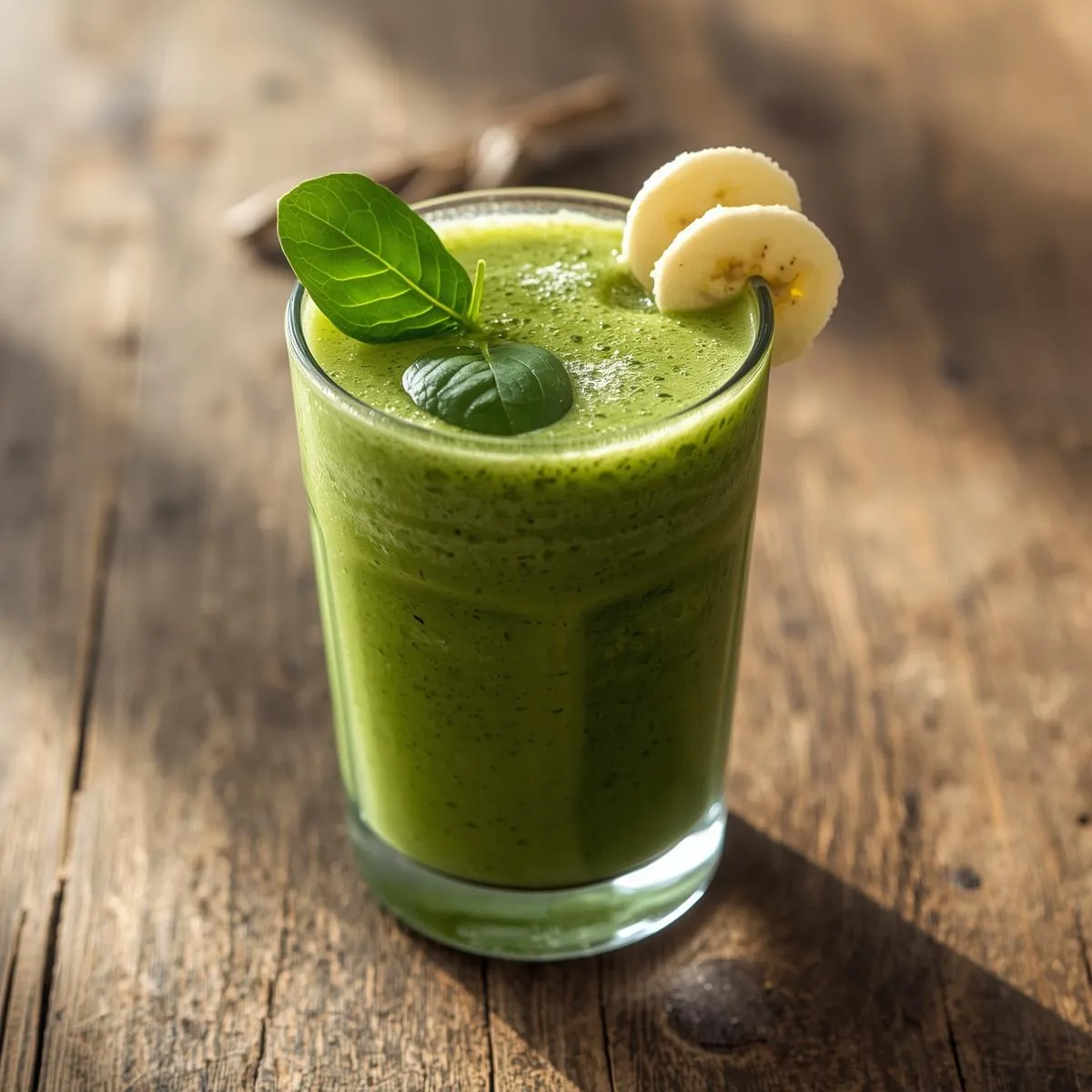 Green smoothie in a glass with spinach and banana slices on a wooden table