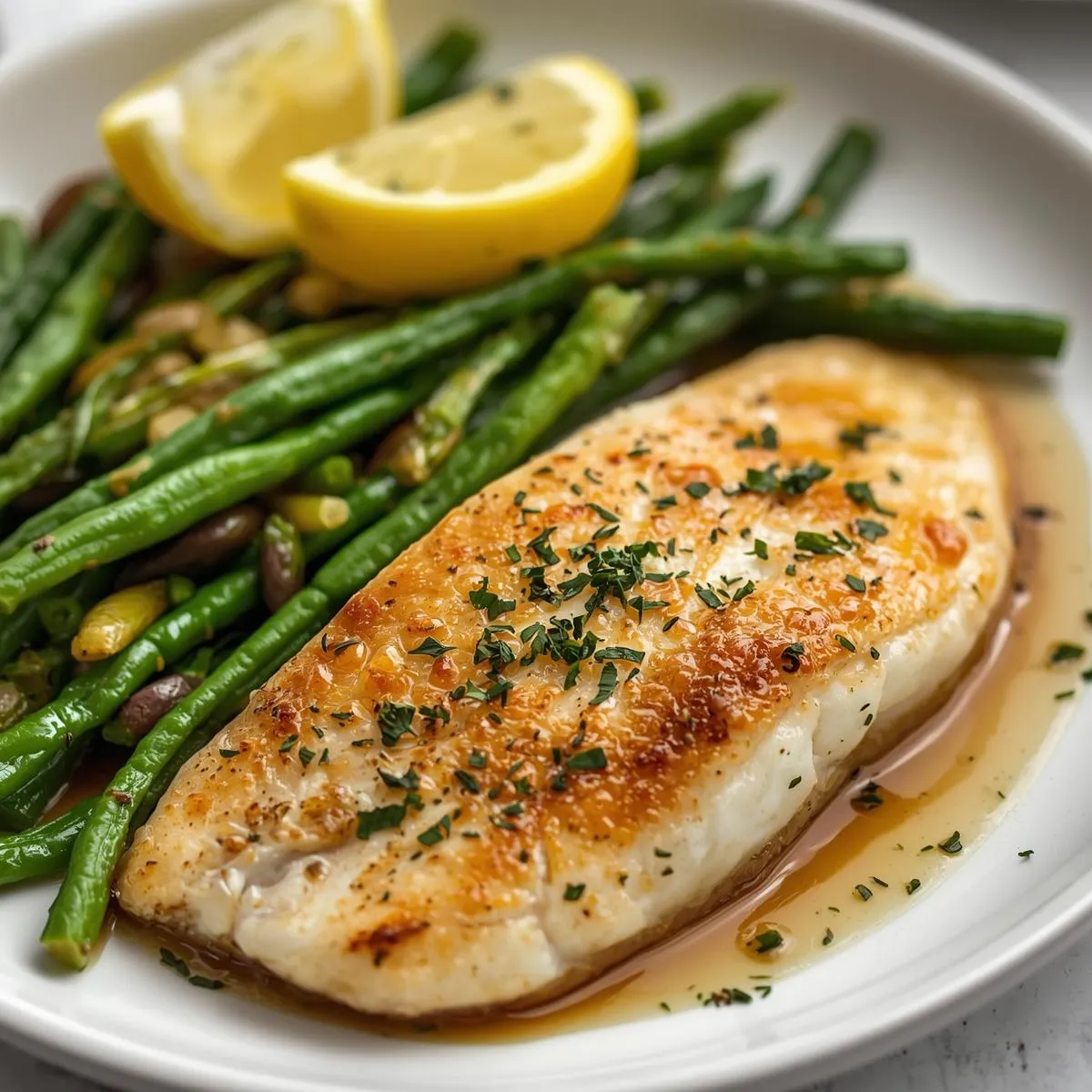 Lemon butter tilapia served with sautéed green beans and lemon wedges