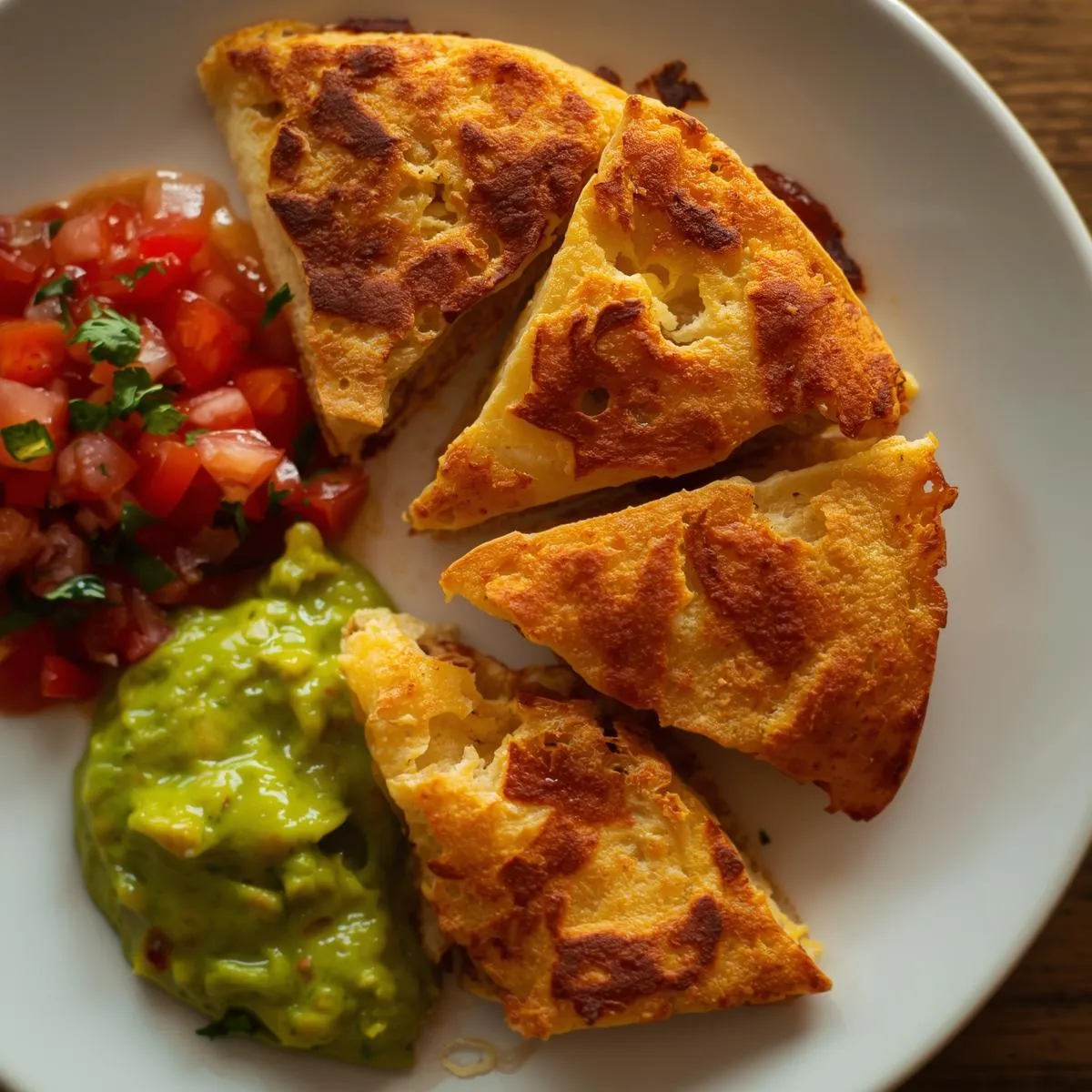 Mini quesadilla wedges served on a plate with salsa and guacamole
