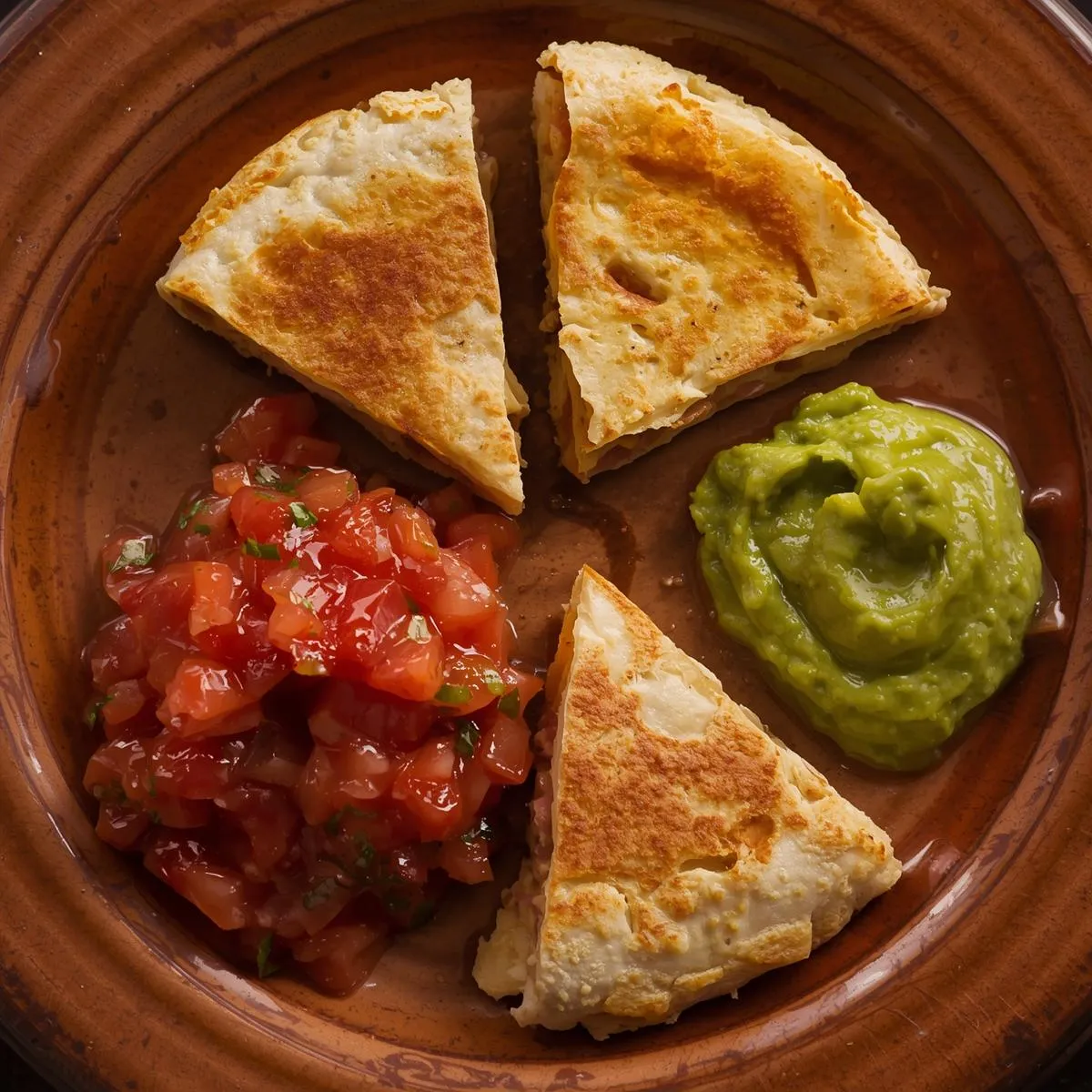Mini quesadilla wedges on a plate with salsa and guacamole