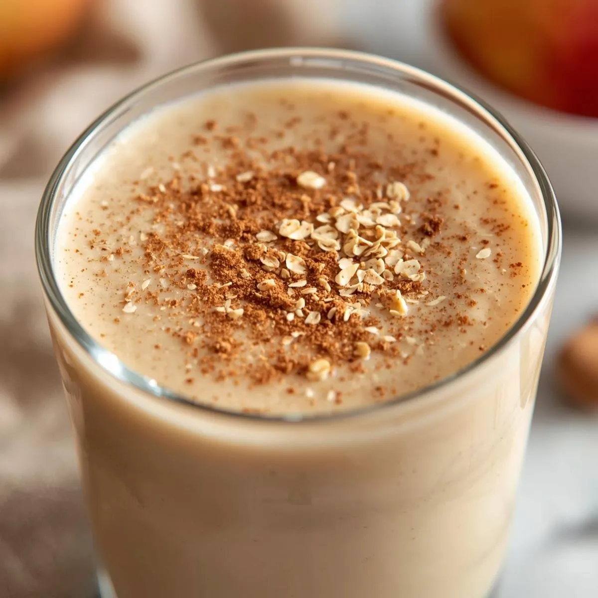 Oats and apple smoothie in a glass with cinnamon sprinkled on top