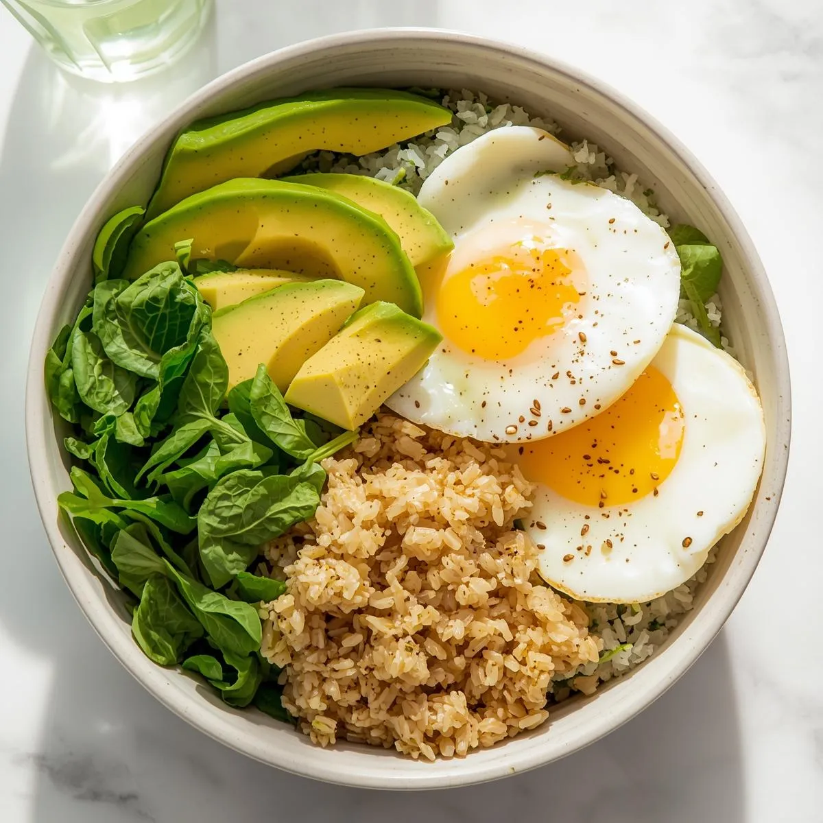 Protein-packed breakfast bowl with eggs, avocado, spinach, and quinoa