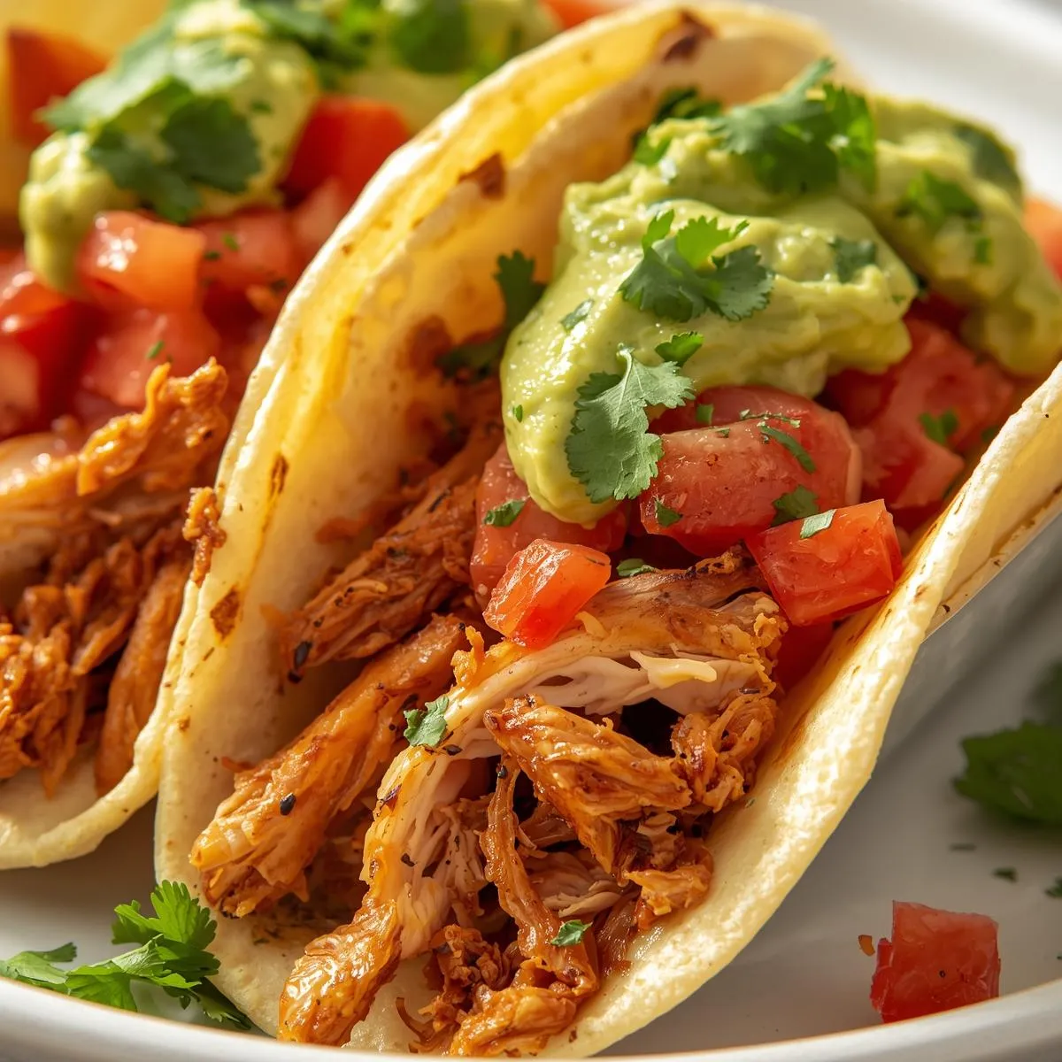 Rotisserie chicken shredded into tacos with fresh salsa and guacamole