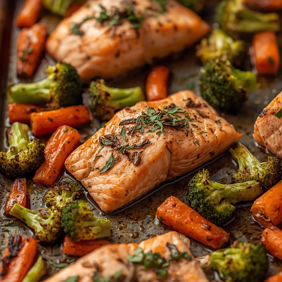 Sheet pan with roasted salmon fillets, broccoli, and carrots straight from the oven