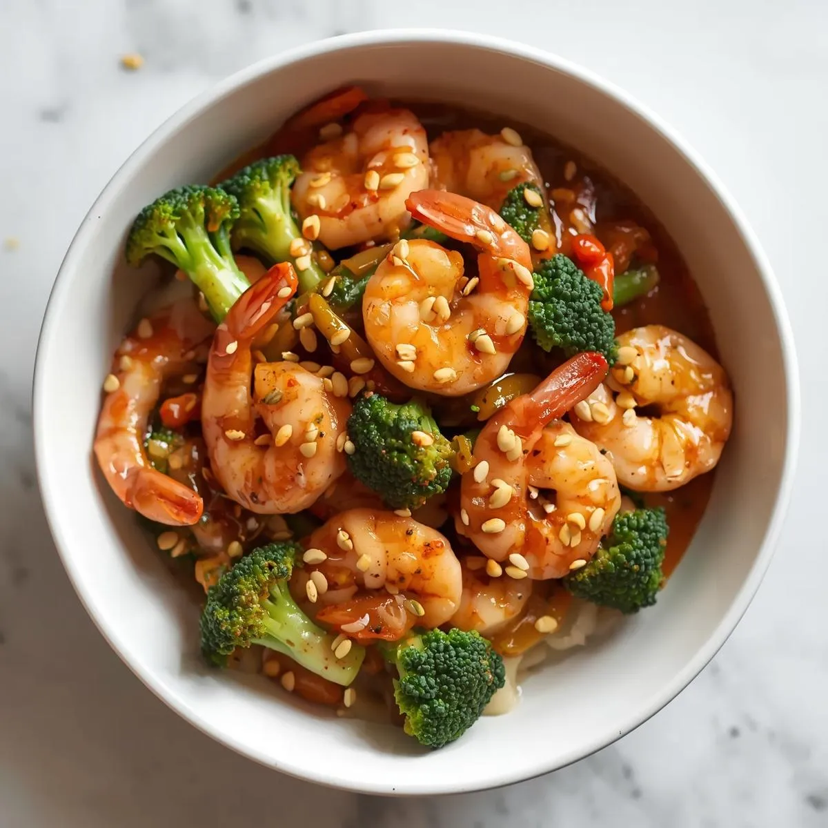 Shrimp and broccoli stir-fry served in a white bowl with sesame seeds.
