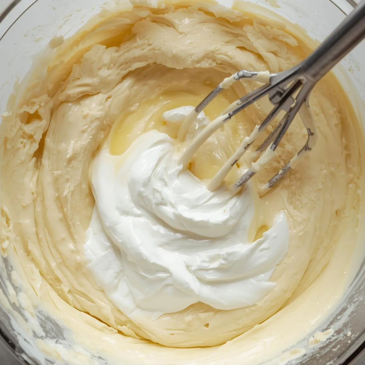 Smooth cheesecake batter being folded with whipped egg whites