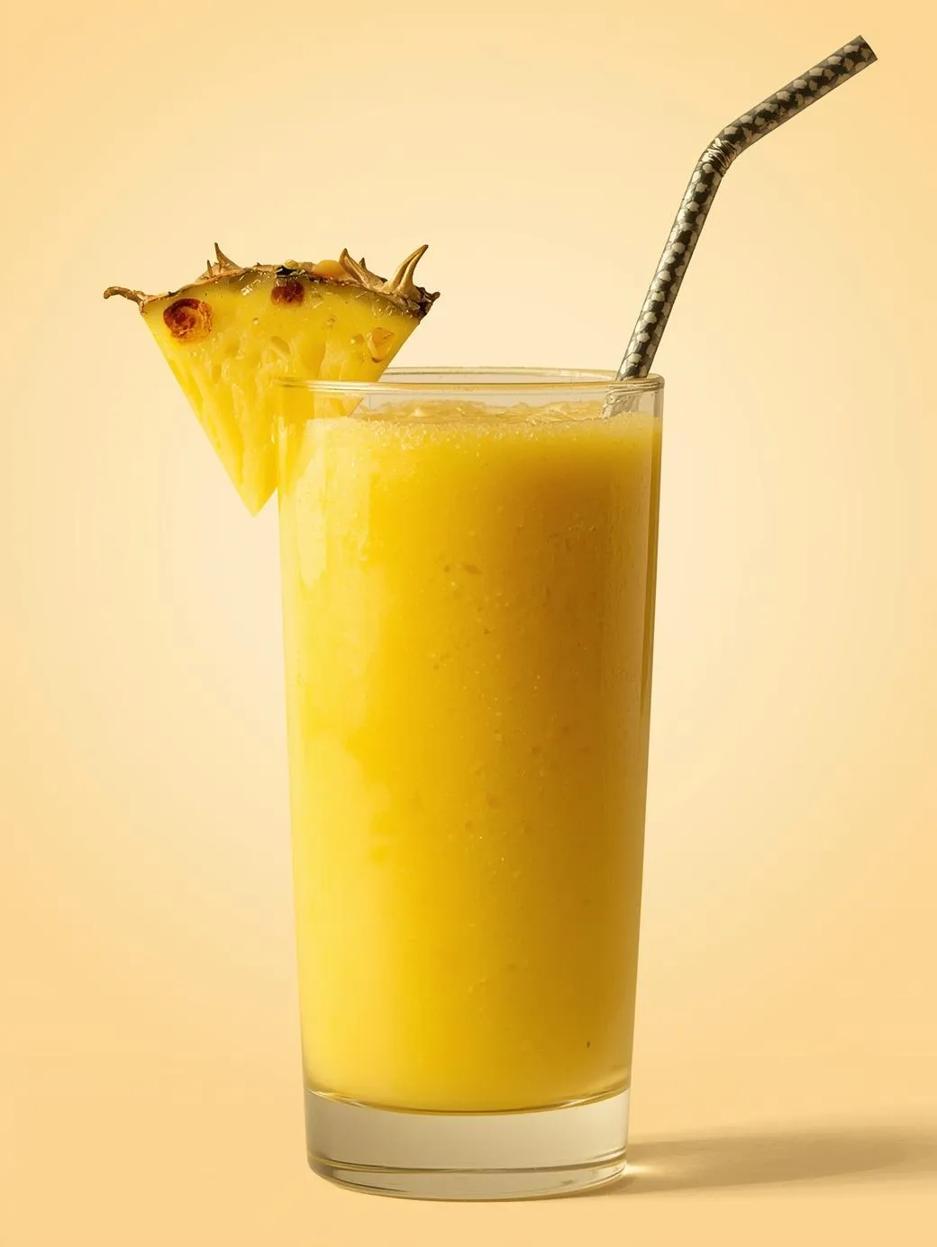 Tropical protein smoothie with pineapple garnish and straw in a clear glass