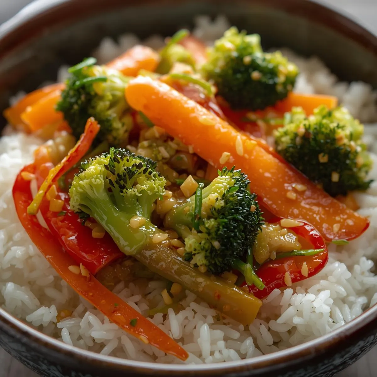 Veggie stir-fry with broccoli, carrots, and bell peppers served over steamed rice