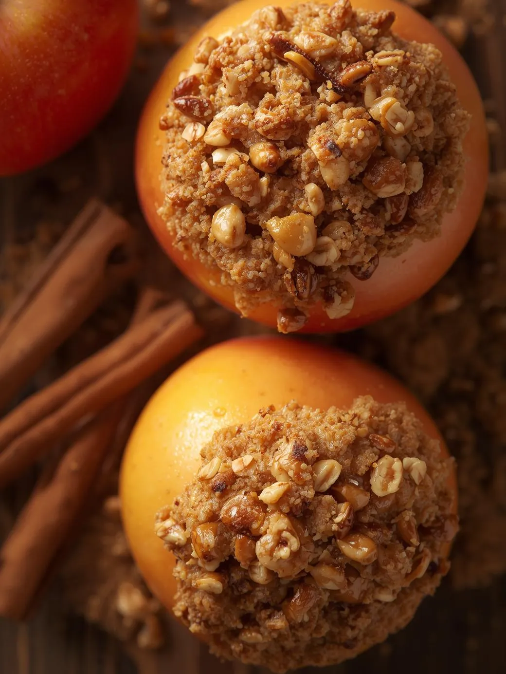 Warm baked apples topped with oat and nut crumble served with cinnamon sticks on the side