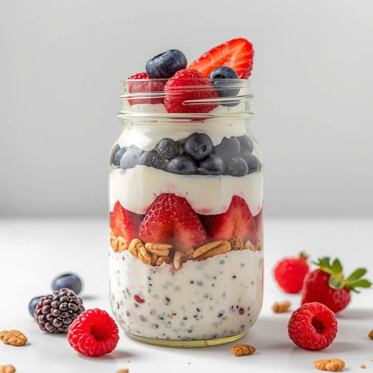 A tall glass jar layered with Greek yogurt, berries, and nuts for a protein-packed parfait.