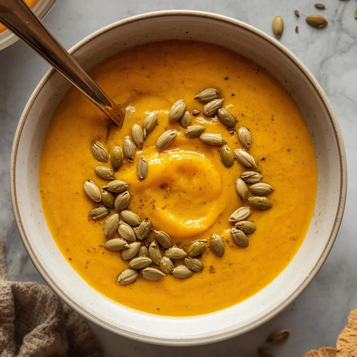 A creamy bowl of roasted butternut squash soup garnished with pumpkin seeds.