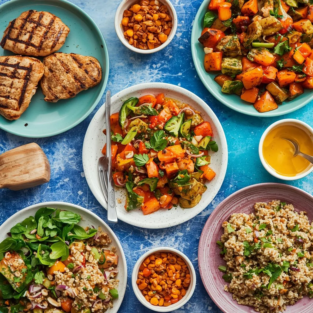 A colorful table with healthy dishes—grilled chicken, veggie stir-fry, and quinoa salad