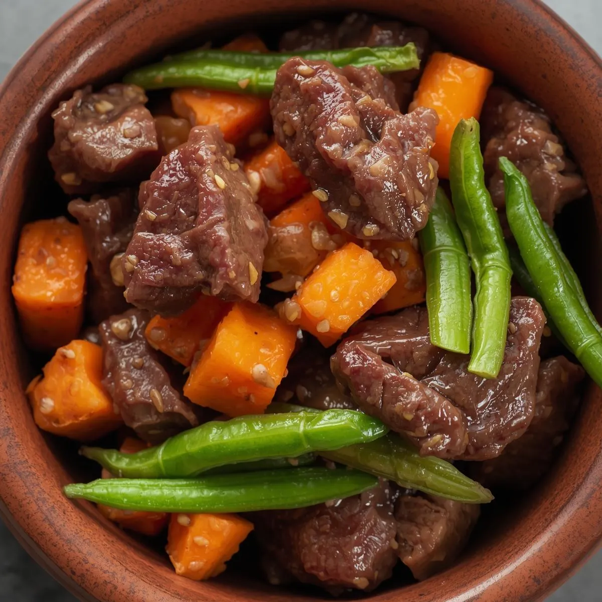 A bowl filled with beef, sweet potatoes, and green beans served as fresh dog food