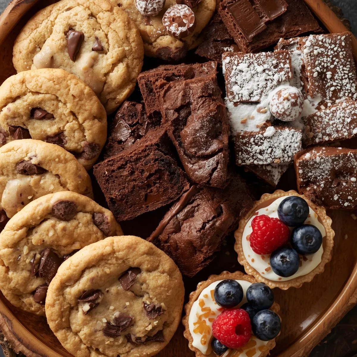 A plate of assorted easy-to-make desserts including cookies, brownies, and mini tarts