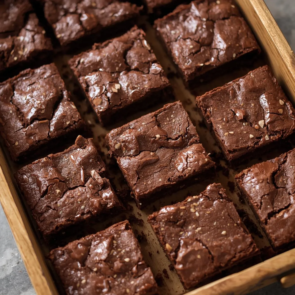 A tray of freshly baked brownies, cut into squares.