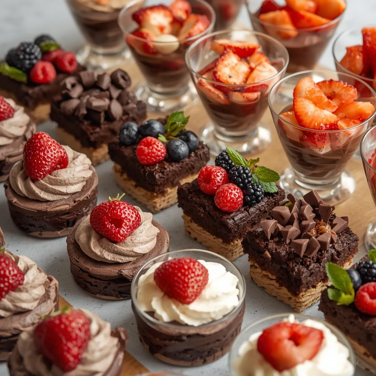 A cozy dessert spread with brownies, mousse, and fruit parfaits made from minimal ingredients.