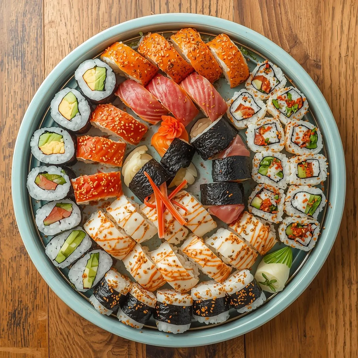 Assorted sushi rolls beautifully arranged on a serving platter