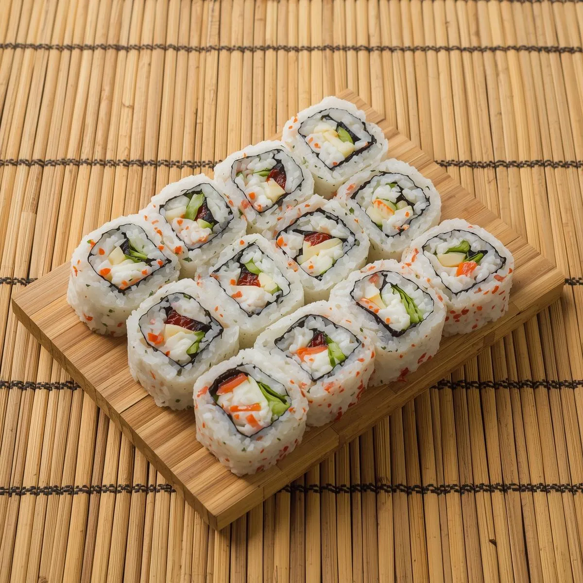 Classic California rolls neatly sliced on a bamboo mat