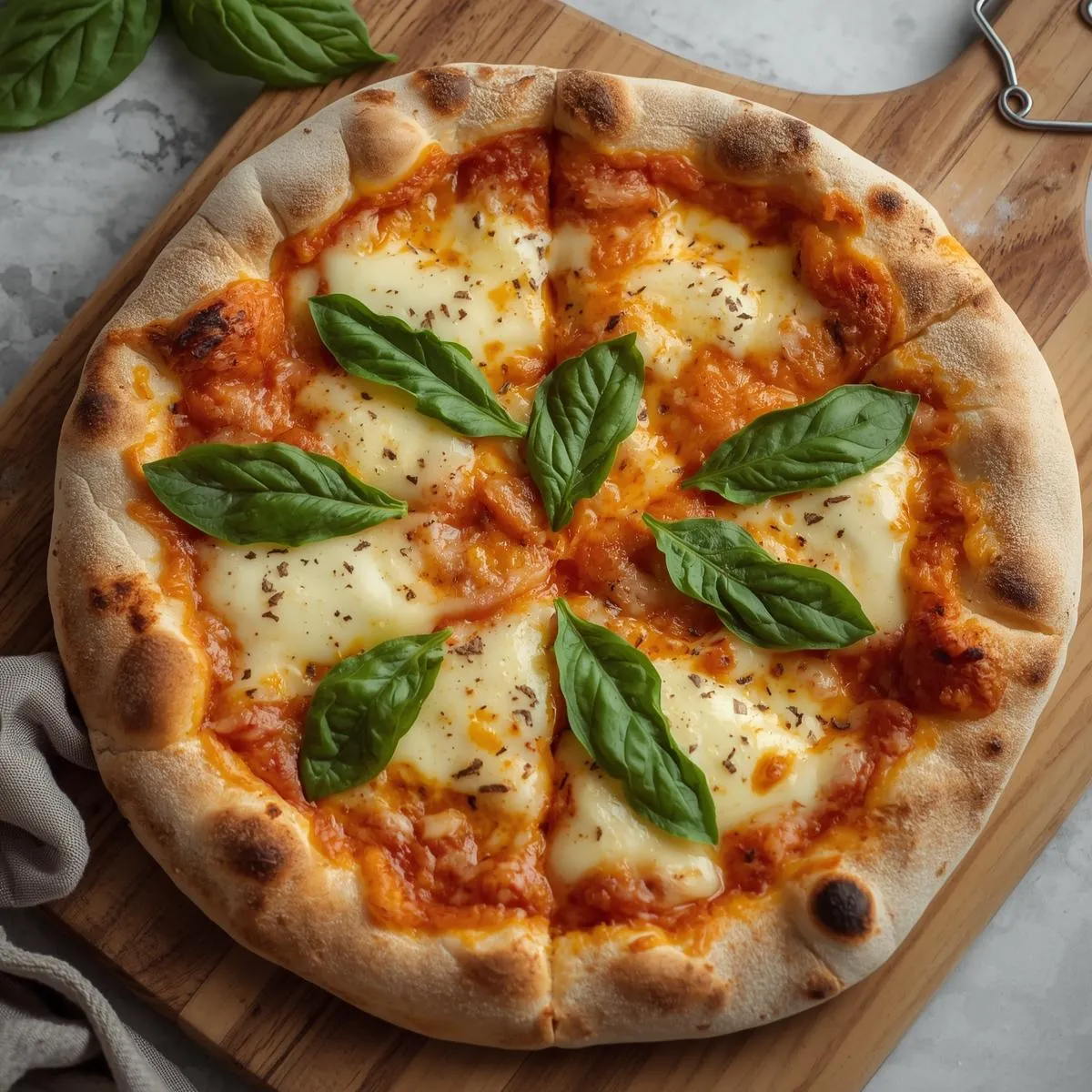 Classic Margherita pizza with melted mozzarella and basil on a wooden board