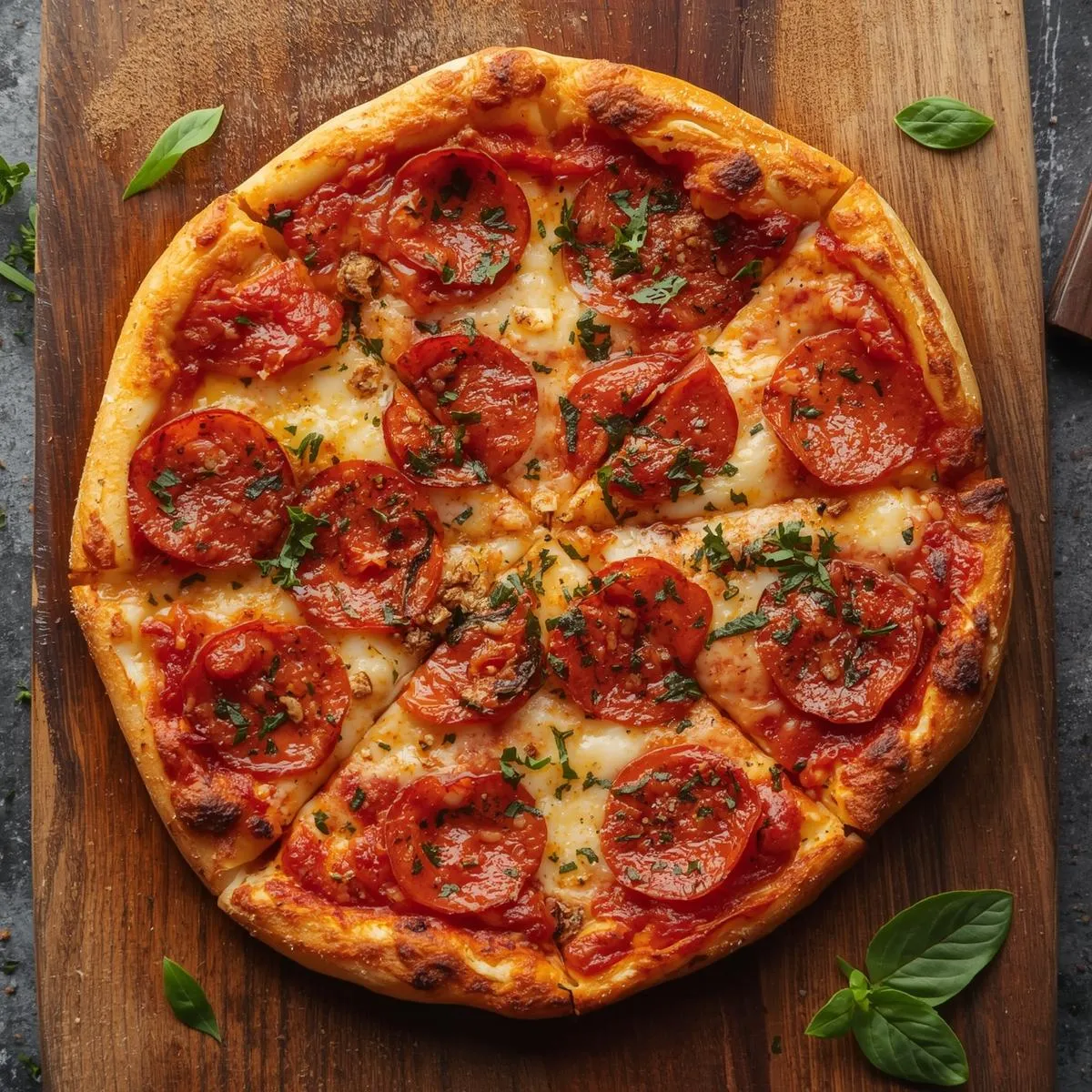 Crispy French bread pepperoni pizza on a cutting board