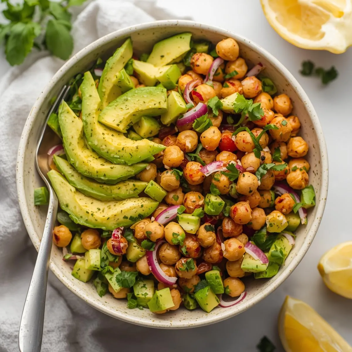 Fresh chickpea and avocado salad in a bowl with lemon wedges on the side