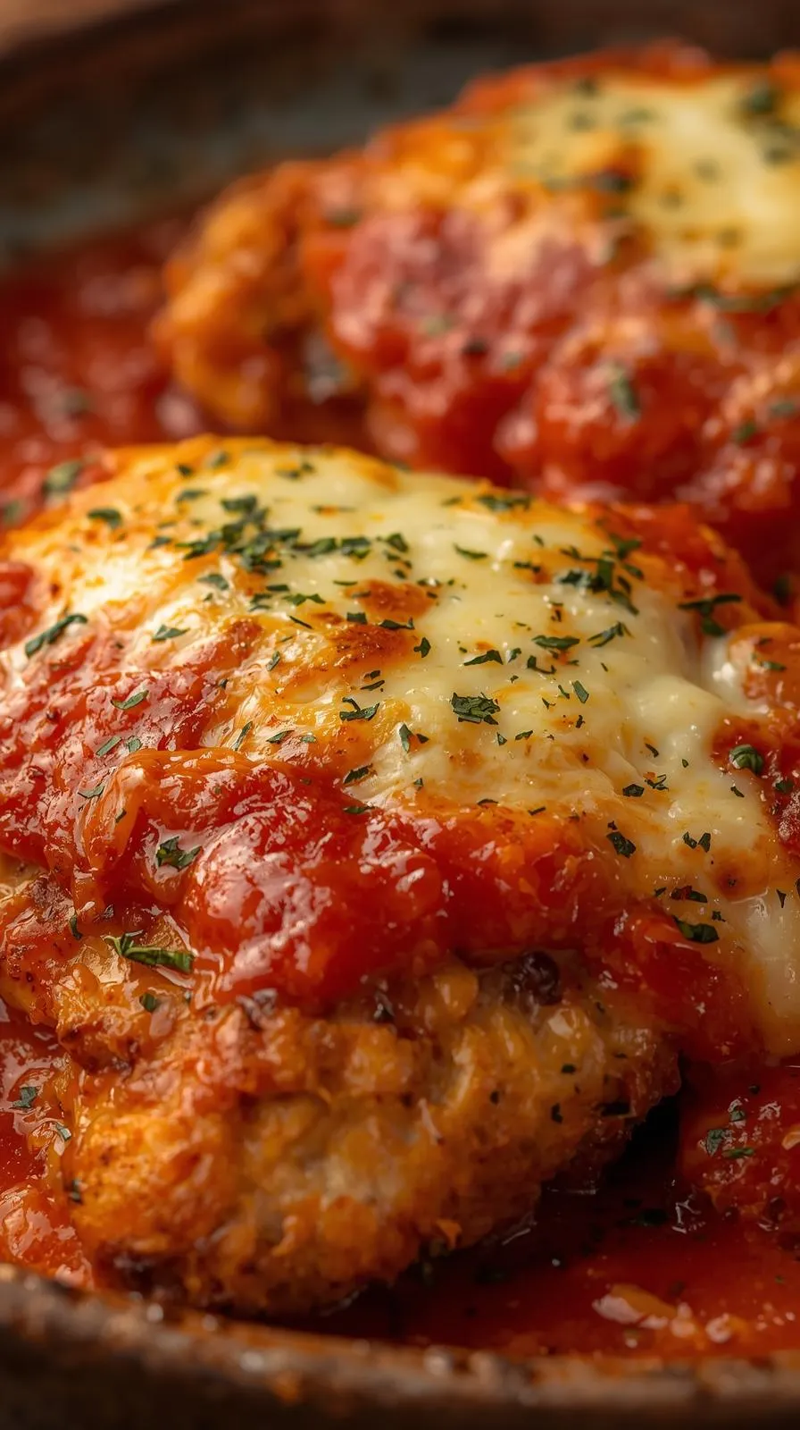 Golden-brown chicken Parmesan with melted cheese and tomato sauce