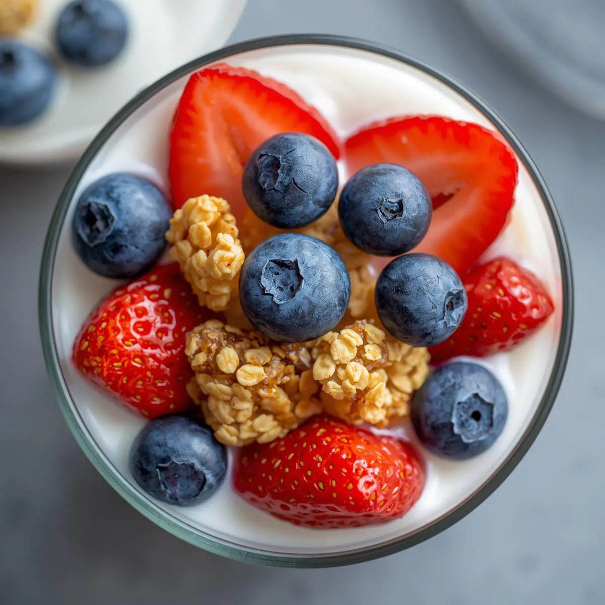  Greek yogurt parfait layered with strawberries, blueberries, and granola